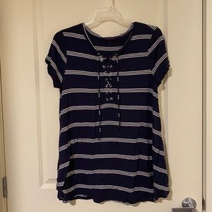 Navy with White Stripe Front Lace Neck Tunic Tee